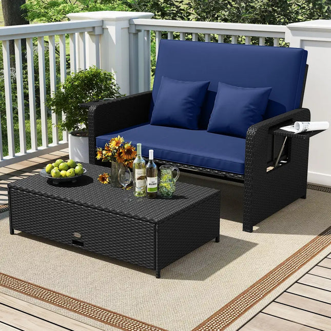 PE Wicker Outdoor Daybed with 4-Level Adjustable Backrest and Storage Ottoman-Navy - Navy - Outdoor Sectionals