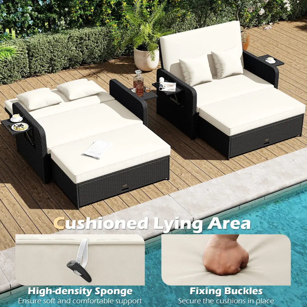 PE Wicker Outdoor Daybed with 4-Level Adjustable Backrest and Storage Ottoman-White - White - Outdoor Sectionals