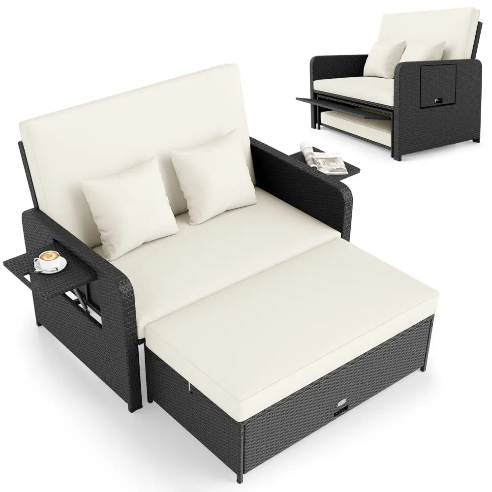 PE Wicker Outdoor Daybed with 4-Level Adjustable Backrest and Storage Ottoman-White - White - Outdoor Sectionals