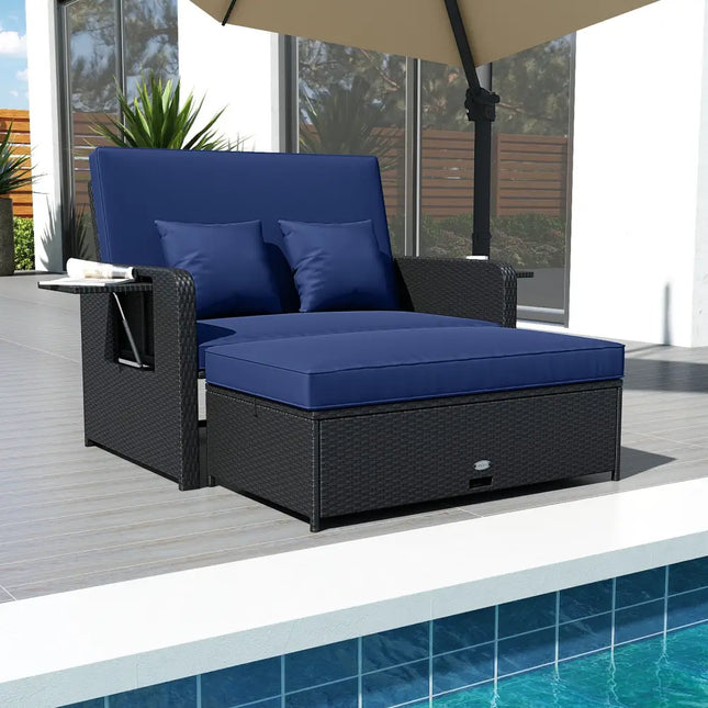 PE Wicker Outdoor Daybed with 4-Level Adjustable Backrest and Storage Ottoman-Navy - Navy - Outdoor Sectionals