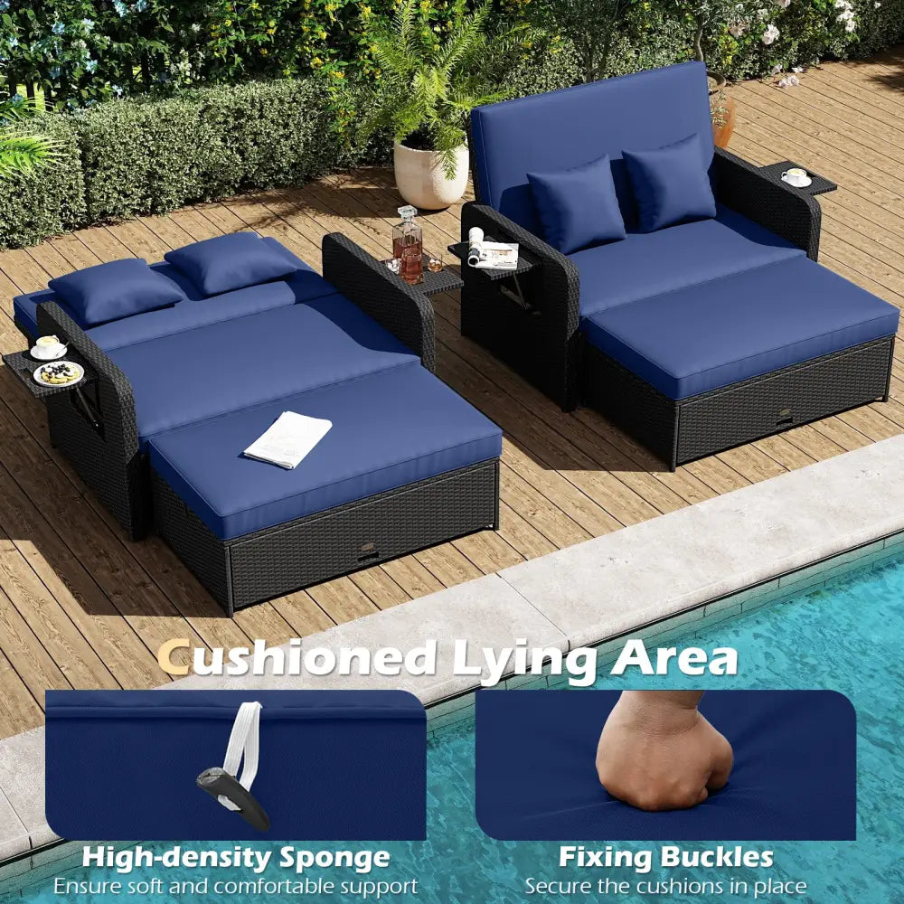 PE Wicker Outdoor Daybed with 4-Level Adjustable Backrest and Storage Ottoman-Navy - Navy - Outdoor Sectionals