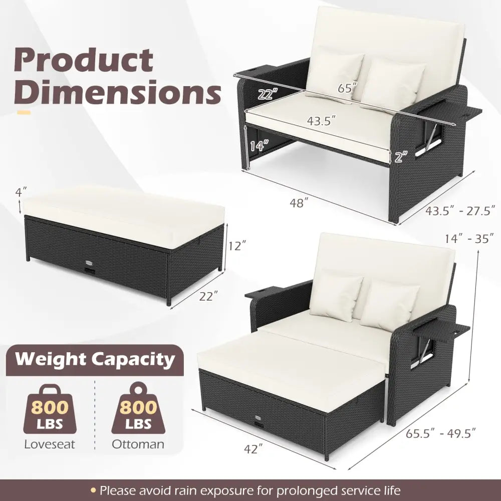 PE Wicker Outdoor Daybed with 4-Level Adjustable Backrest and Storage Ottoman-White - White - Outdoor Sectionals