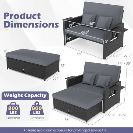 PE Wicker Outdoor Daybed with 4-Level Adjustable Backrest and Storage Ottoman-Gray - Gray - Outdoor Sectionals