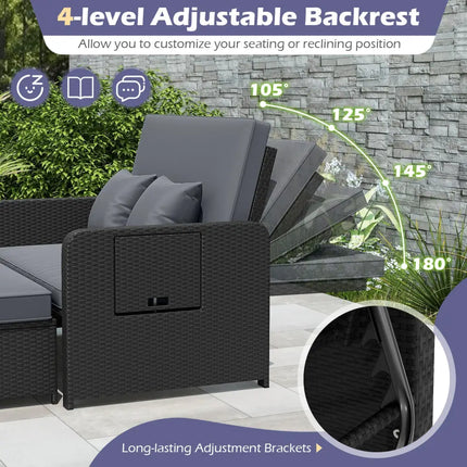 PE Wicker Outdoor Daybed with 4-Level Adjustable Backrest and Storage Ottoman-Gray - Gray - Outdoor Sectionals