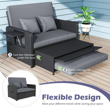 PE Wicker Outdoor Daybed with 4-Level Adjustable Backrest and Storage Ottoman-Gray - Gray - Outdoor Sectionals