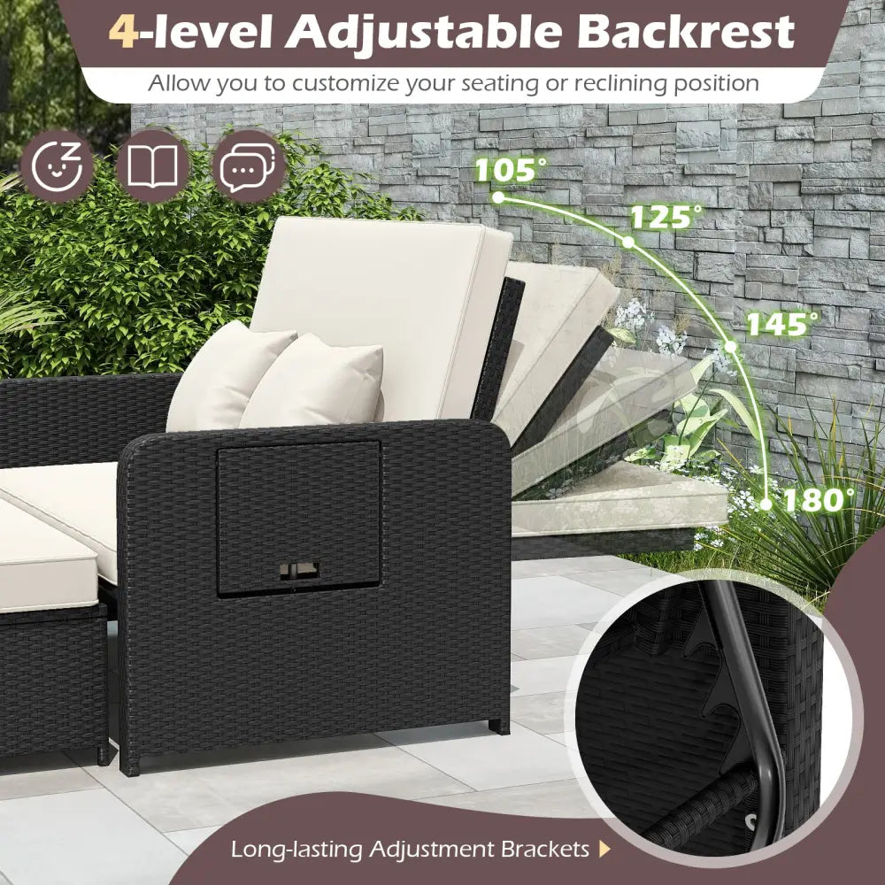 PE Wicker Outdoor Daybed with 4-Level Adjustable Backrest and Storage Ottoman-White - White - Outdoor Sectionals