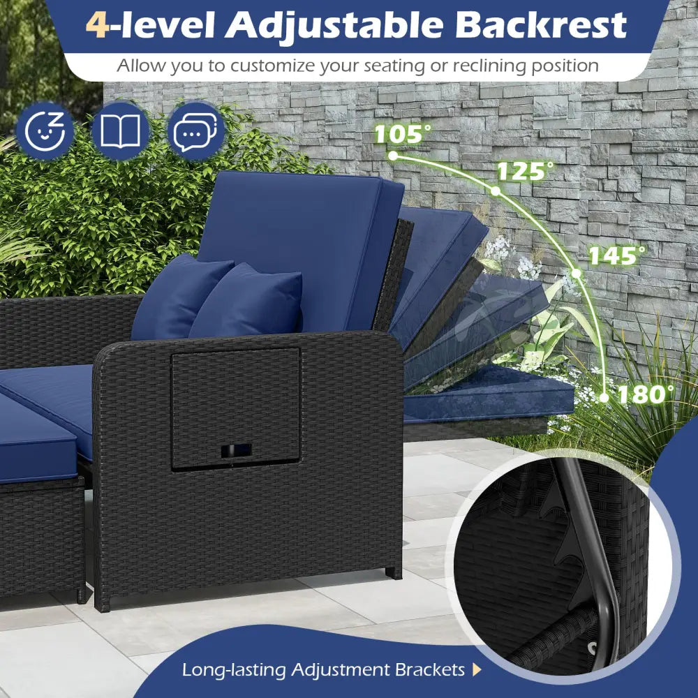 PE Wicker Outdoor Daybed with 4-Level Adjustable Backrest and Storage Ottoman-Navy - Navy - Outdoor Sectionals
