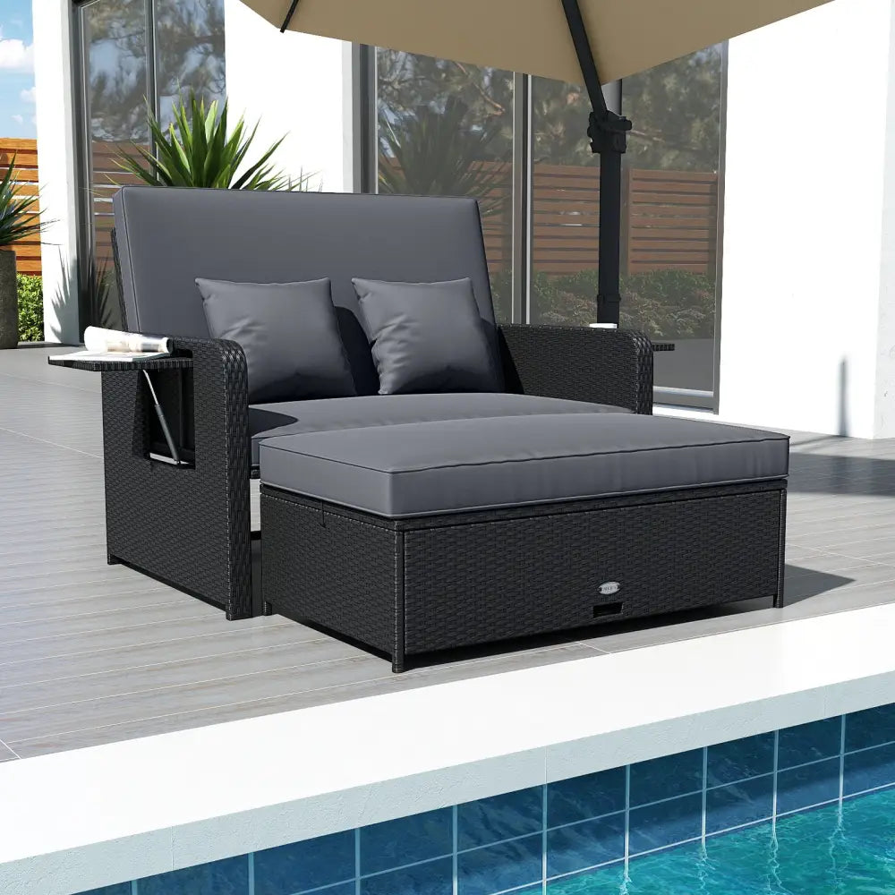 PE Wicker Outdoor Daybed with 4-Level Adjustable Backrest and Storage Ottoman-Gray - Gray - Outdoor Sectionals