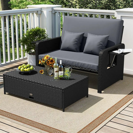 PE Wicker Outdoor Daybed with 4-Level Adjustable Backrest and Storage Ottoman-Gray - Gray - Outdoor Sectionals