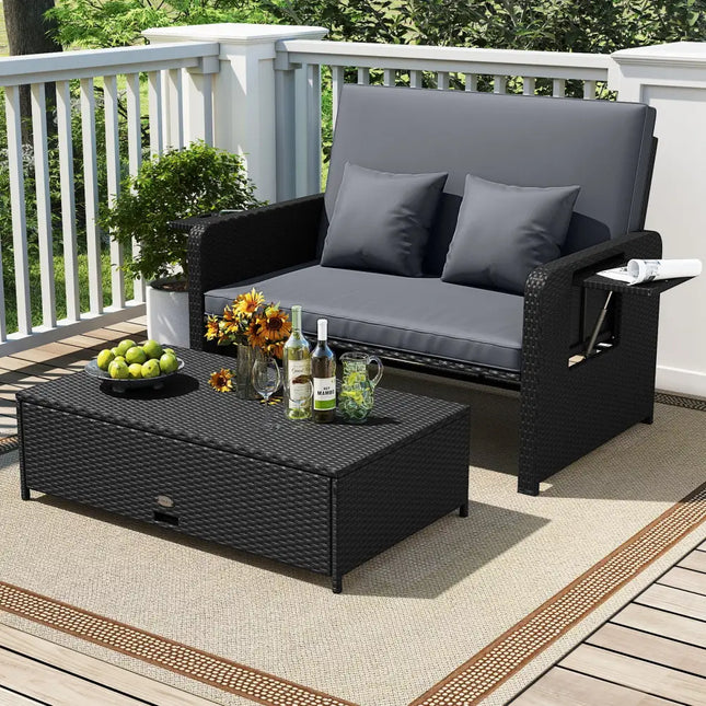 PE Wicker Outdoor Daybed with 4-Level Adjustable Backrest and Storage Ottoman-Gray - Gray - Outdoor Sectionals
