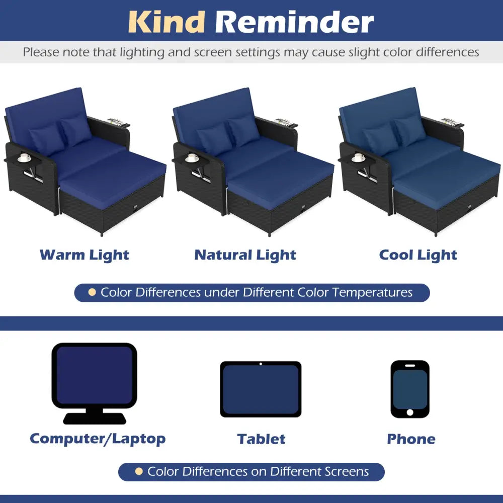 PE Wicker Outdoor Daybed with 4-Level Adjustable Backrest and Storage Ottoman-Navy - Navy - Outdoor Sectionals