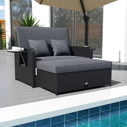 PE Wicker Outdoor Daybed with 4-Level Adjustable Backrest and Storage Ottoman-Gray - Gray - Outdoor Sectionals