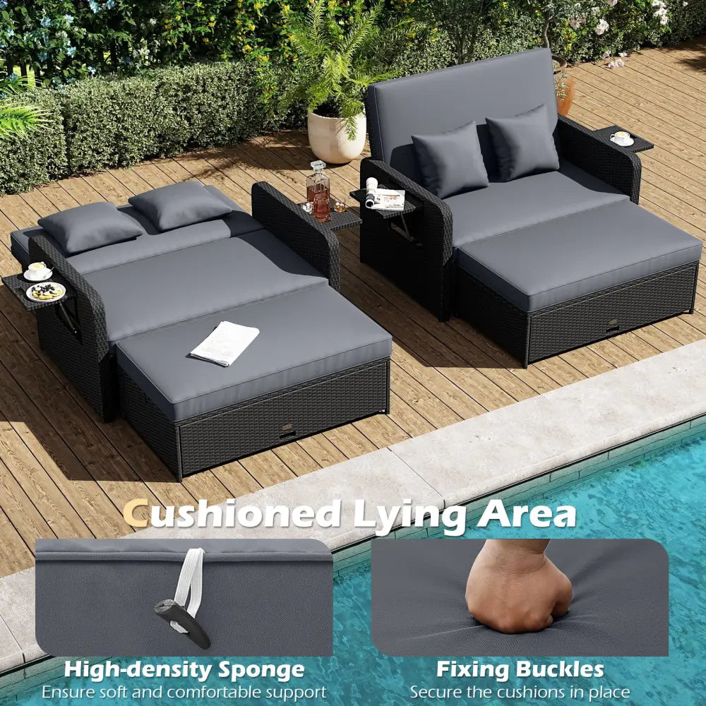 PE Wicker Outdoor Daybed with 4-Level Adjustable Backrest and Storage Ottoman-Gray - Gray - Outdoor Sectionals