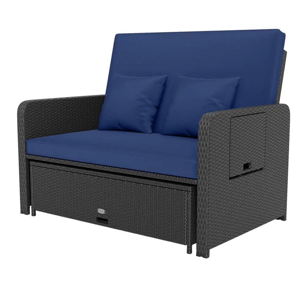 PE Wicker Outdoor Daybed with 4-Level Adjustable Backrest and Storage Ottoman-Navy - Navy - Outdoor Sectionals