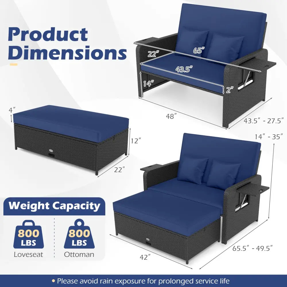 PE Wicker Outdoor Daybed with 4-Level Adjustable Backrest and Storage Ottoman-Navy - Navy - Outdoor Sectionals