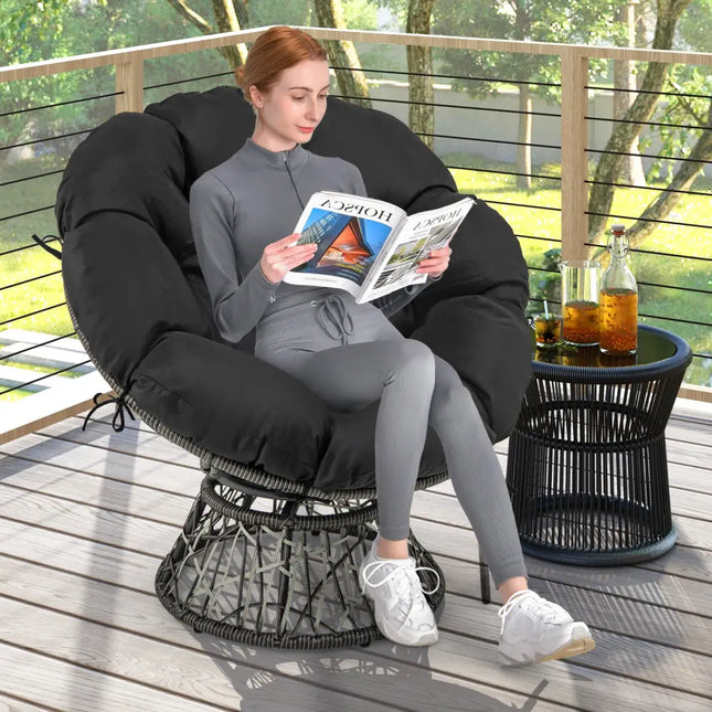 PE Wicker Papasan Chair with Thick and Removable Cushion-Black - Black - Patio Dining Chairs