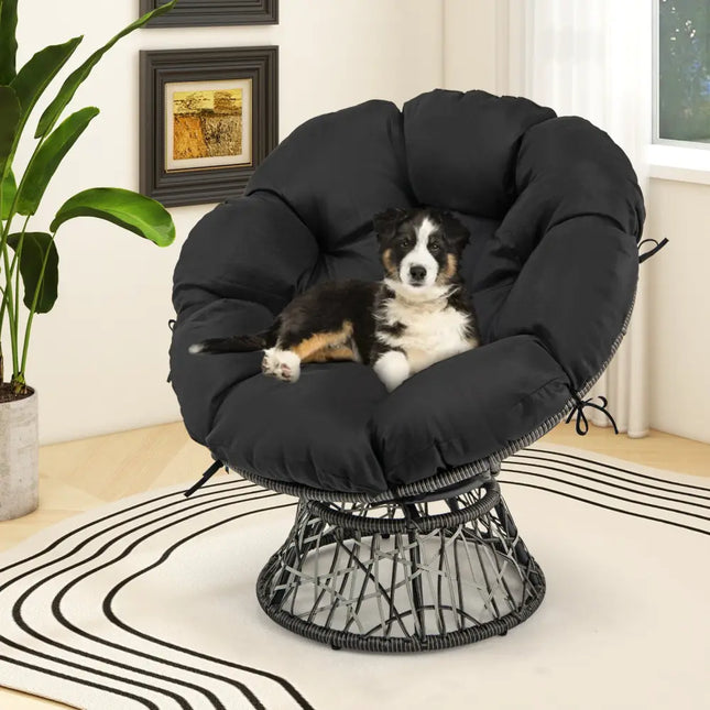 PE Wicker Papasan Chair with Thick and Removable Cushion-Black - Black - Patio Dining Chairs