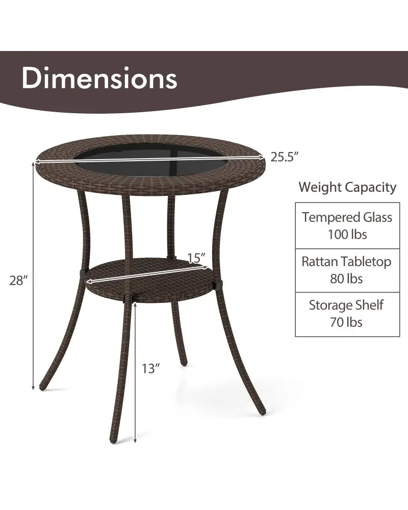 PE Wicker Patio Bistro Table Round with Tempered Glass Top and Shelf - Brown - Patio Dining Tables