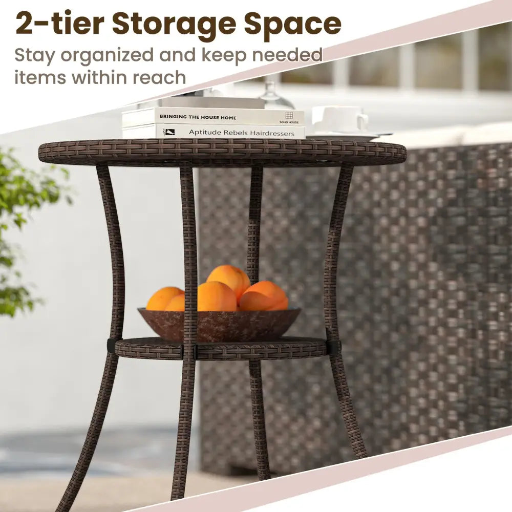 PE Wicker Patio Bistro Table Round with Tempered Glass Top and Shelf - Brown - Patio Dining Tables