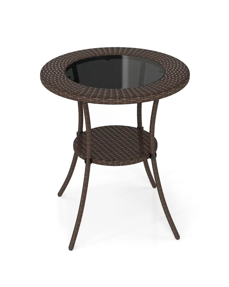 PE Wicker Patio Bistro Table Round with Tempered Glass Top and Shelf - Brown - Patio Dining Tables
