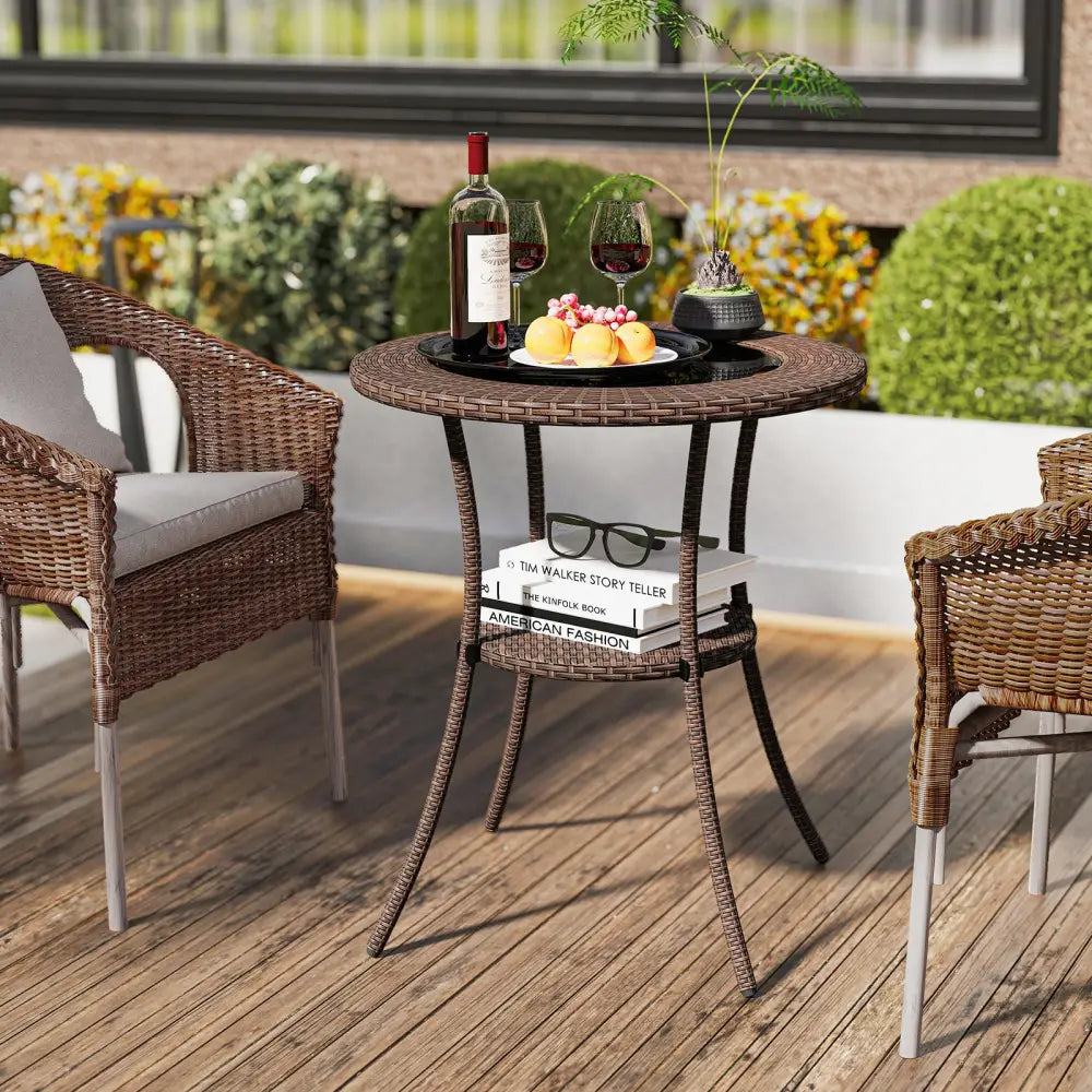 PE Wicker Patio Bistro Table Round with Tempered Glass Top and Shelf - Brown - Patio Dining Tables