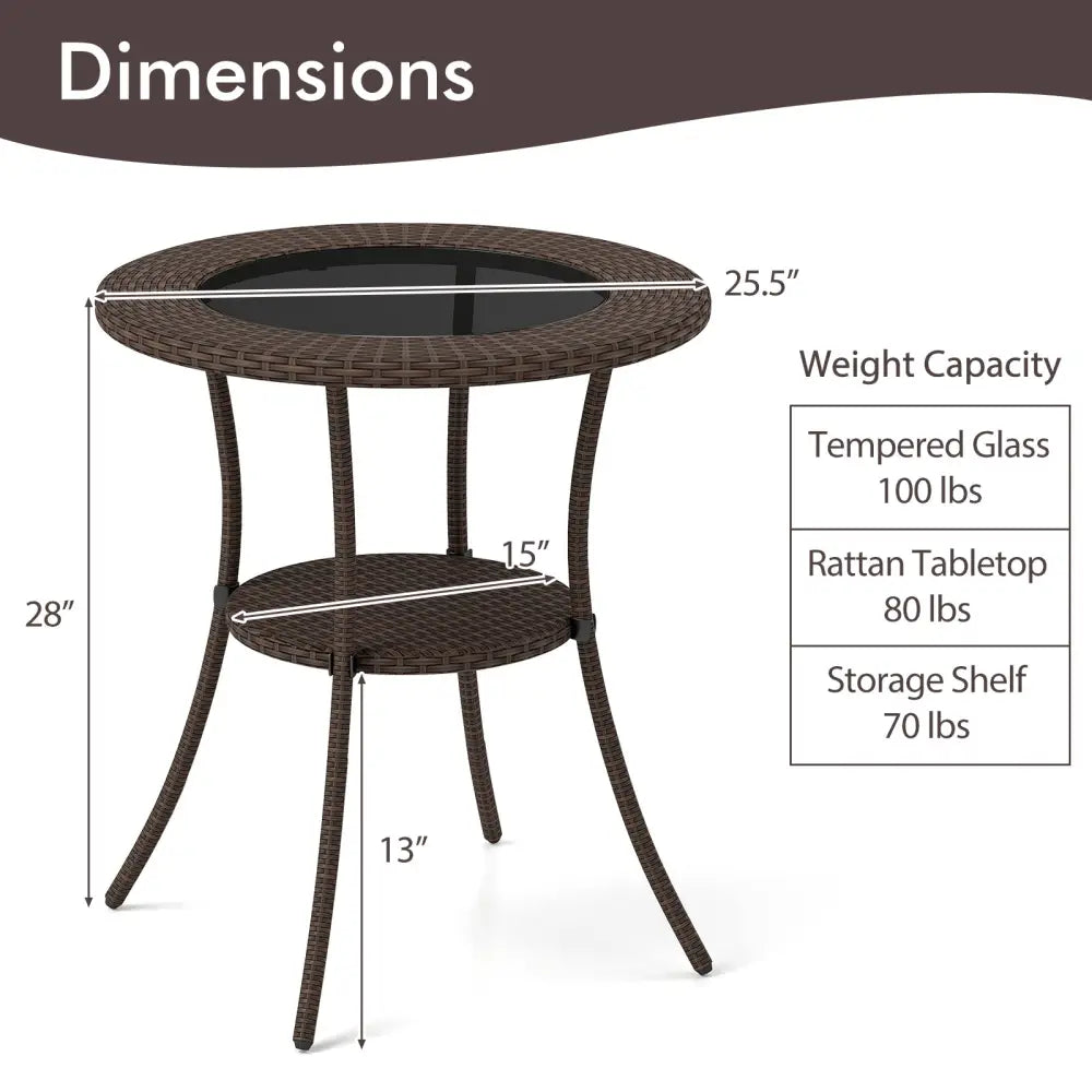 PE Wicker Patio Bistro Table Round with Tempered Glass Top and Shelf - Brown - Patio Dining Tables
