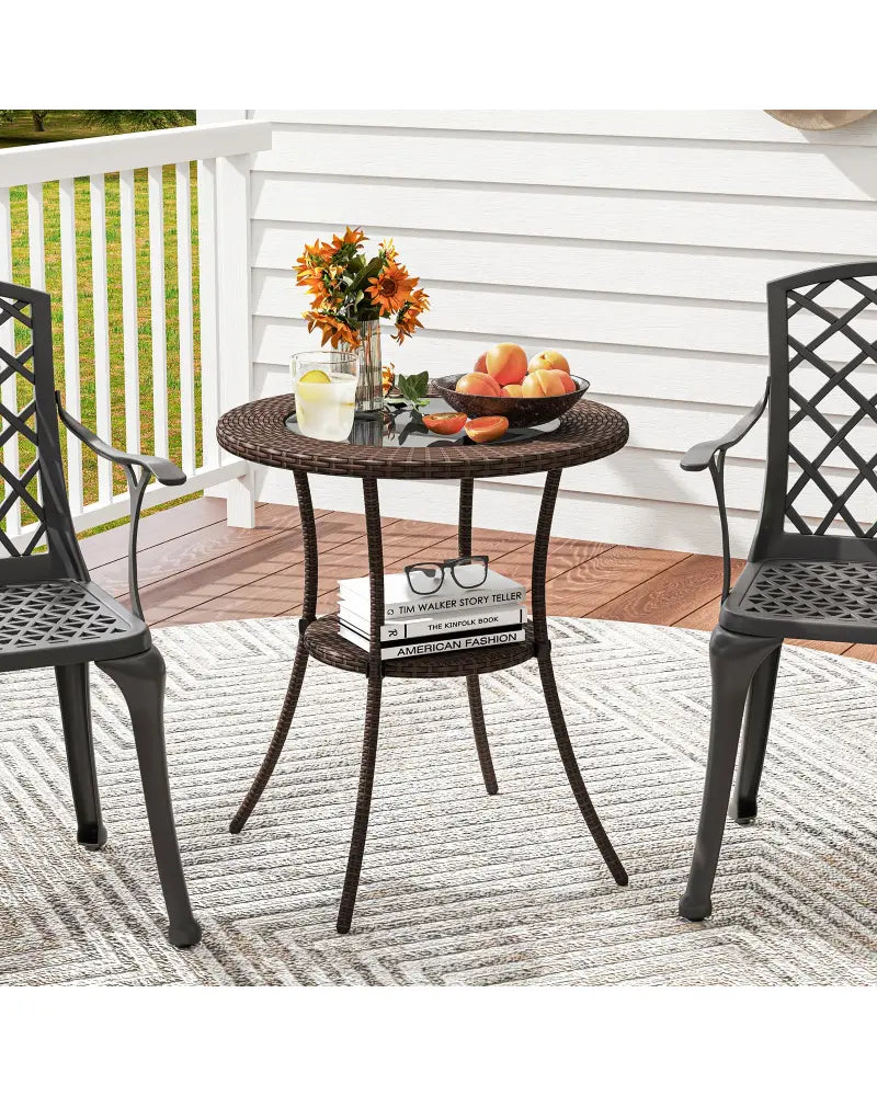 PE Wicker Patio Bistro Table Round with Tempered Glass Top and Shelf - Brown - Patio Dining Tables