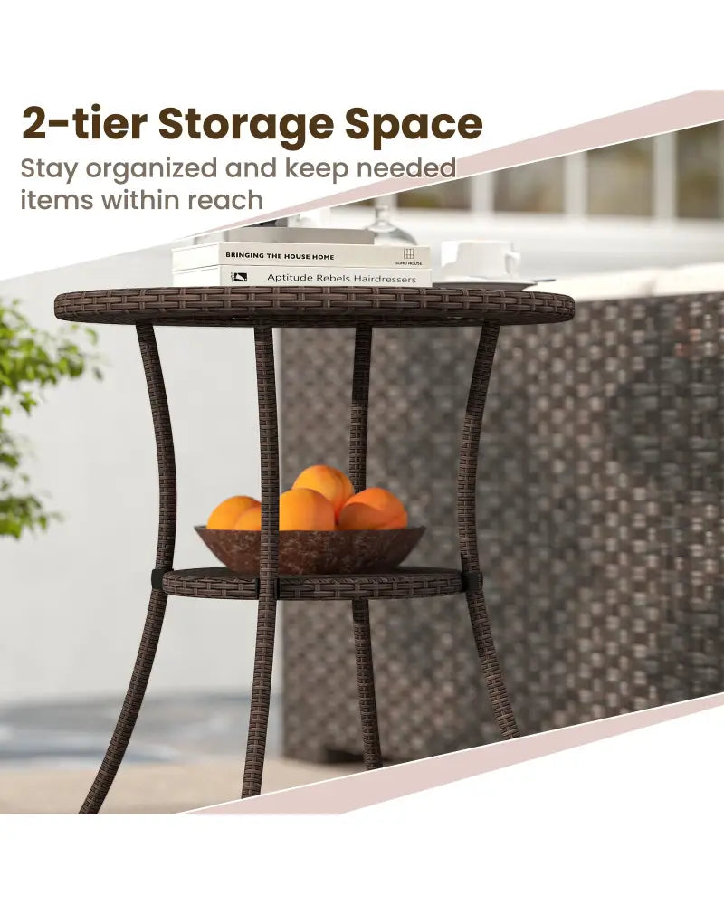 PE Wicker Patio Bistro Table Round with Tempered Glass Top and Shelf - Brown - Patio Dining Tables