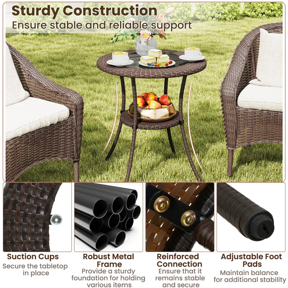PE Wicker Patio Bistro Table Round with Tempered Glass Top and Shelf - Brown - Patio Dining Tables