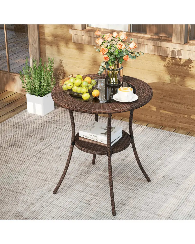 PE Wicker Patio Bistro Table Round with Tempered Glass Top and Shelf - Brown - Patio Dining Tables