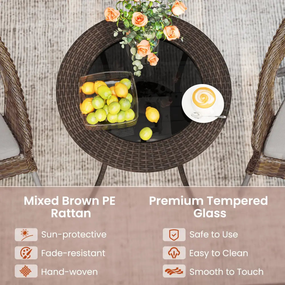 PE Wicker Patio Bistro Table Round with Tempered Glass Top and Shelf - Brown - Patio Dining Tables