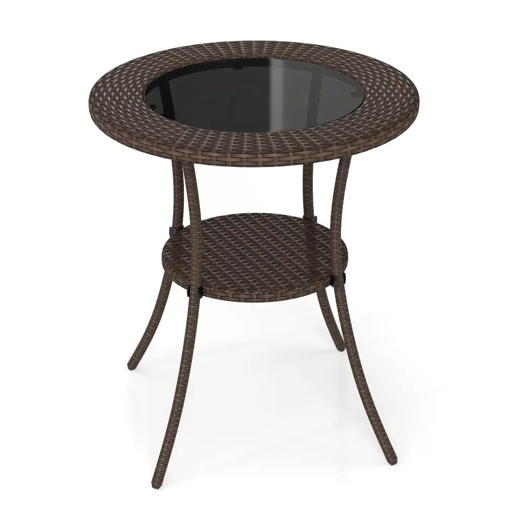 PE Wicker Patio Bistro Table Round with Tempered Glass Top and Shelf - Brown - Patio Dining Tables