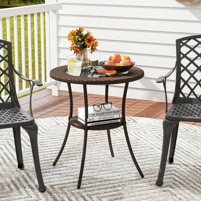 PE Wicker Patio Bistro Table Round with Tempered Glass Top and Shelf - Brown - Patio Dining Tables