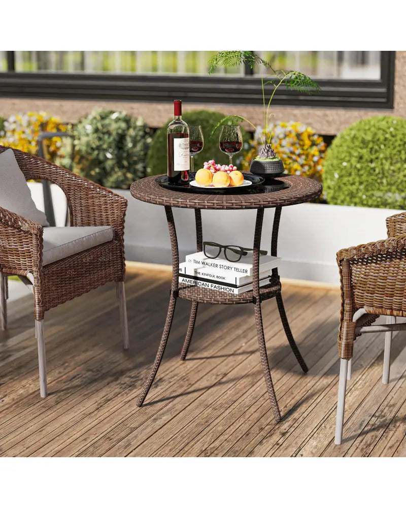 PE Wicker Patio Bistro Table Round with Tempered Glass Top and Shelf - Brown - Patio Dining Tables