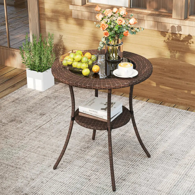 PE Wicker Patio Bistro Table Round with Tempered Glass Top and Shelf - Brown - Patio Dining Tables