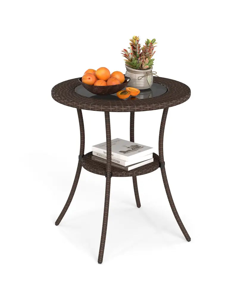 PE Wicker Patio Bistro Table Round with Tempered Glass Top and Shelf - Brown - Patio Dining Tables