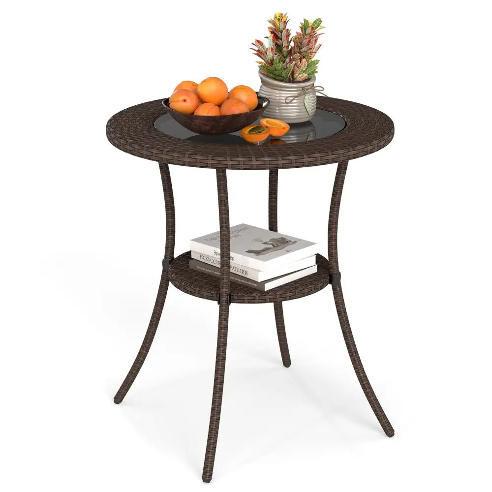 PE Wicker Patio Bistro Table Round with Tempered Glass Top and Shelf - Brown - Patio Dining Tables
