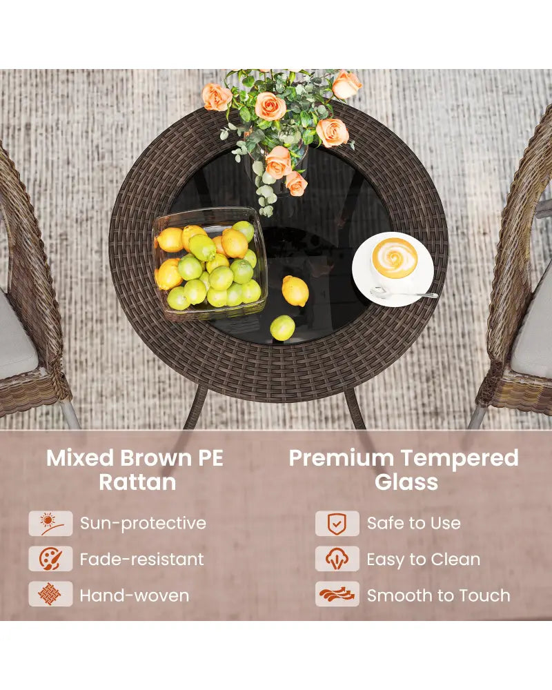 PE Wicker Patio Bistro Table Round with Tempered Glass Top and Shelf - Brown - Patio Dining Tables
