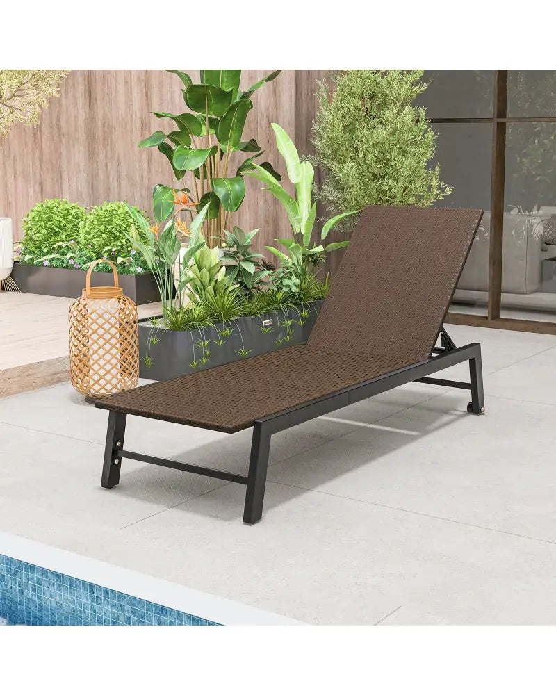 PE Wicker Patio Chaise Lounge Chair with Wheels for Poolside Backyard and Deck - Brown - Outdoor Chaise Lounges