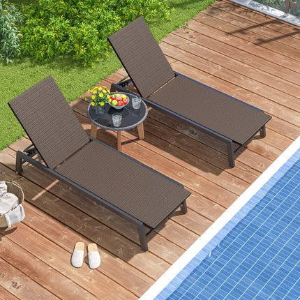 PE Wicker Patio Chaise Lounge Chair with Wheels for Poolside Backyard and Deck - Brown - Outdoor Chaise Lounges