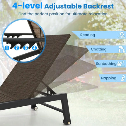 PE Wicker Patio Chaise Lounge Chair with Wheels for Poolside Backyard and Deck - Brown - Outdoor Chaise Lounges