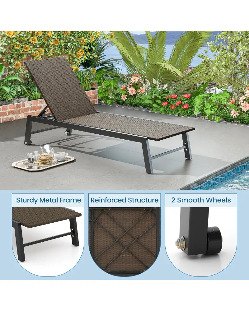 PE Wicker Patio Chaise Lounge Chair with Wheels for Poolside Backyard and Deck - Brown - Outdoor Chaise Lounges