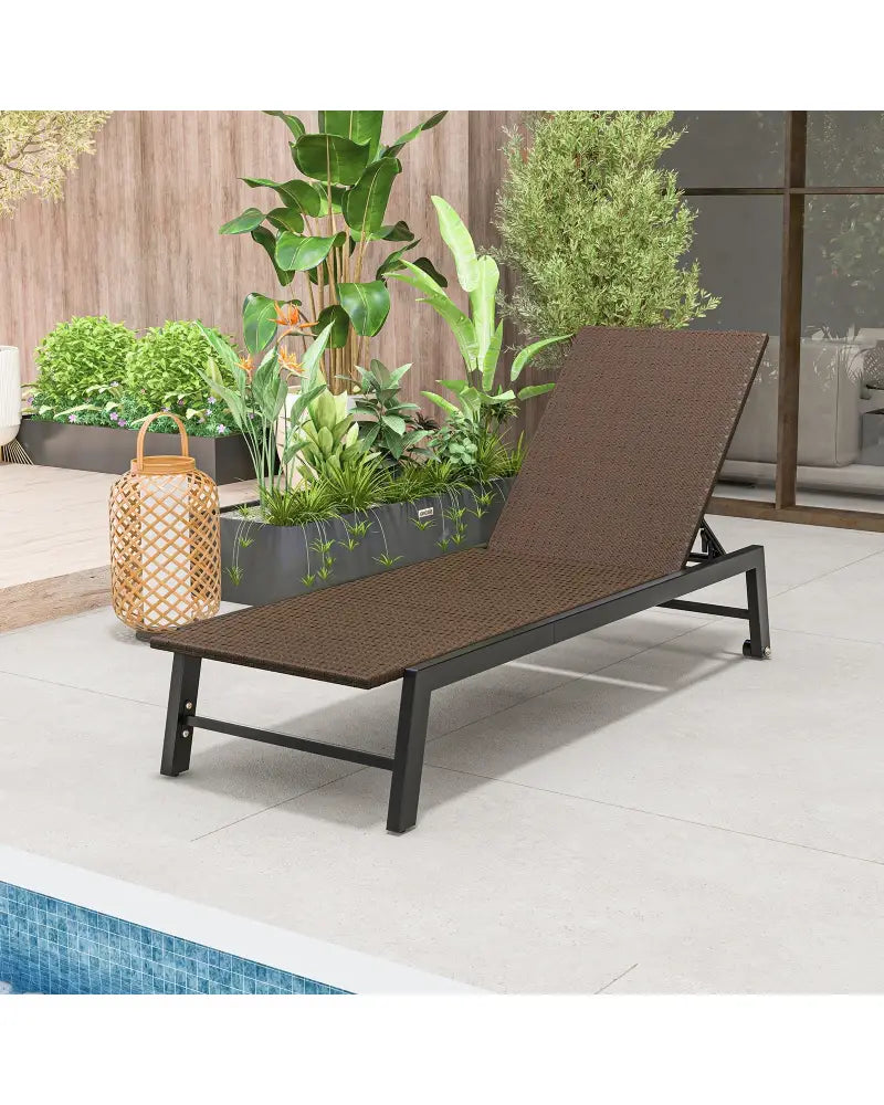 PE Wicker Patio Chaise Lounge Chair with Wheels for Poolside Backyard and Deck - Brown - Outdoor Chaise Lounges