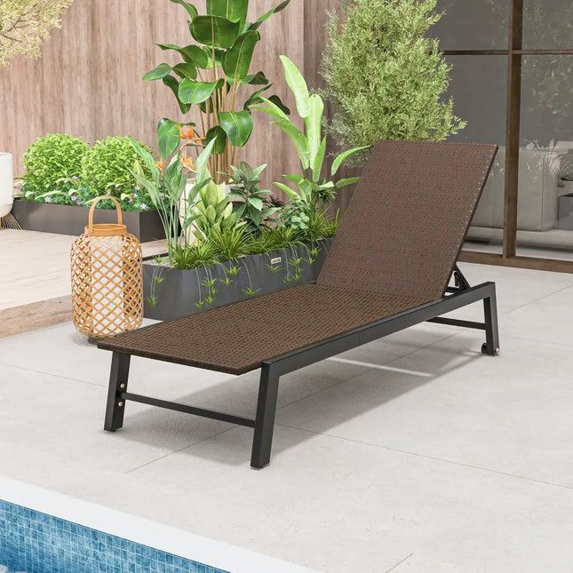 PE Wicker Patio Chaise Lounge Chair with Wheels for Poolside Backyard and Deck - Brown - Outdoor Chaise Lounges