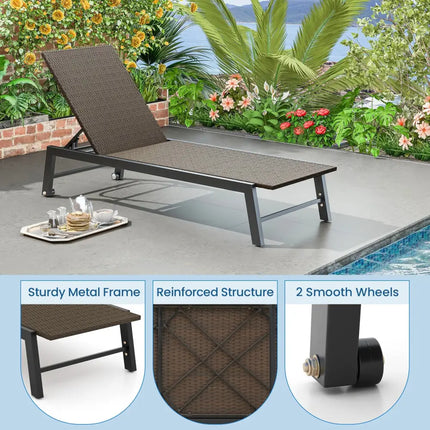 PE Wicker Patio Chaise Lounge Chair with Wheels for Poolside Backyard and Deck - Brown - Outdoor Chaise Lounges