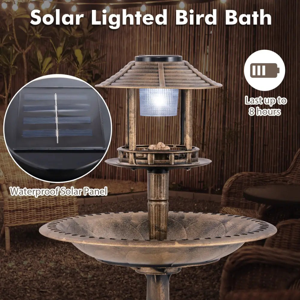 Pedestal Bird Bath with Solar Light with Bird Feeder and Flower Planter-Bronze - Bronze - Bird Supplies