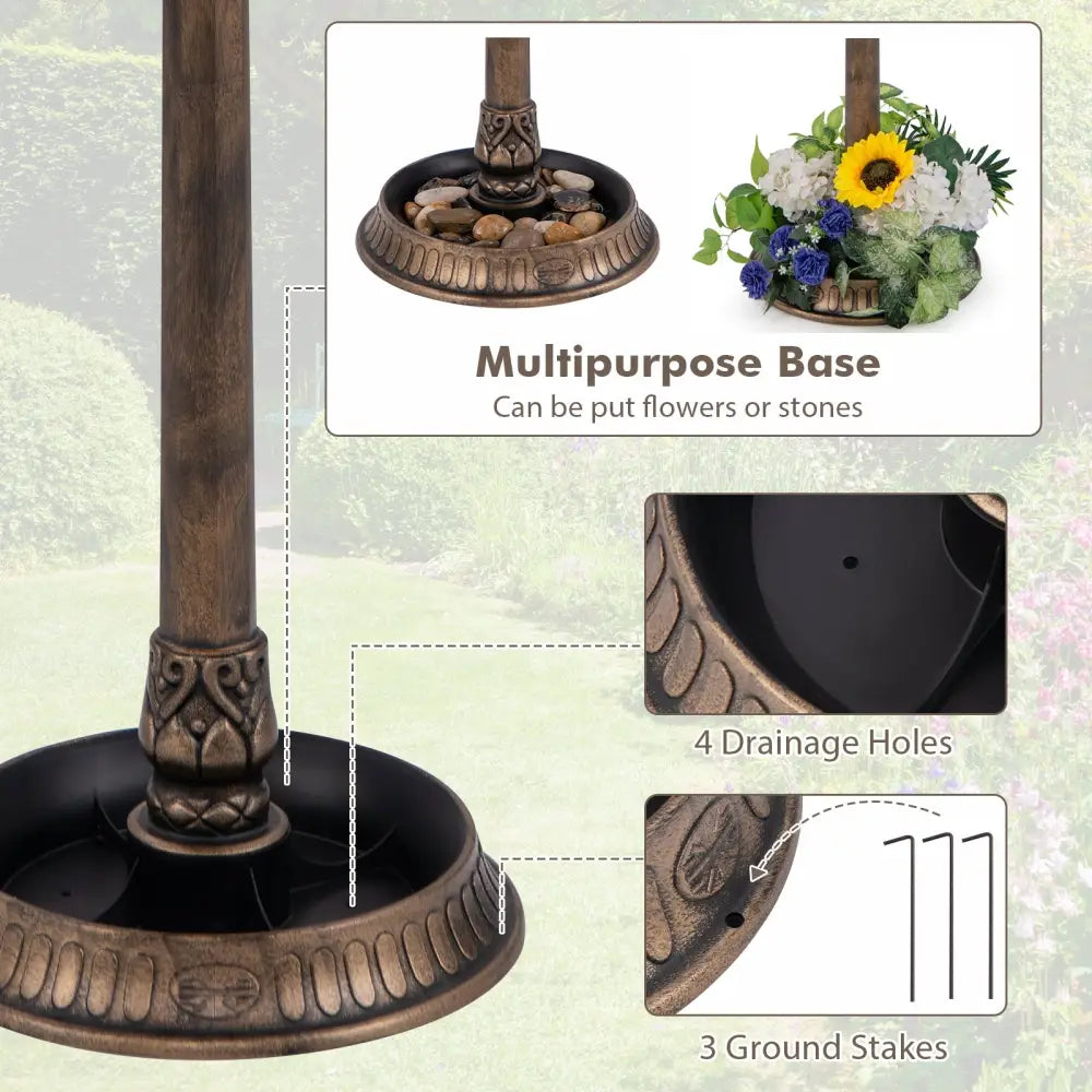 Pedestal Bird Bath with Solar Light with Bird Feeder and Flower Planter-Bronze - Bronze - Bird Supplies