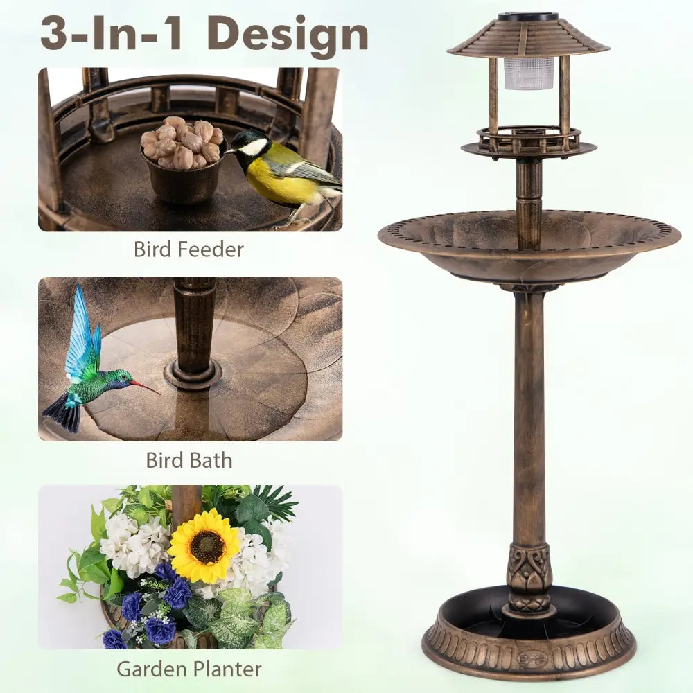 Pedestal Bird Bath with Solar Light with Bird Feeder and Flower Planter-Bronze - Bronze - Bird Supplies