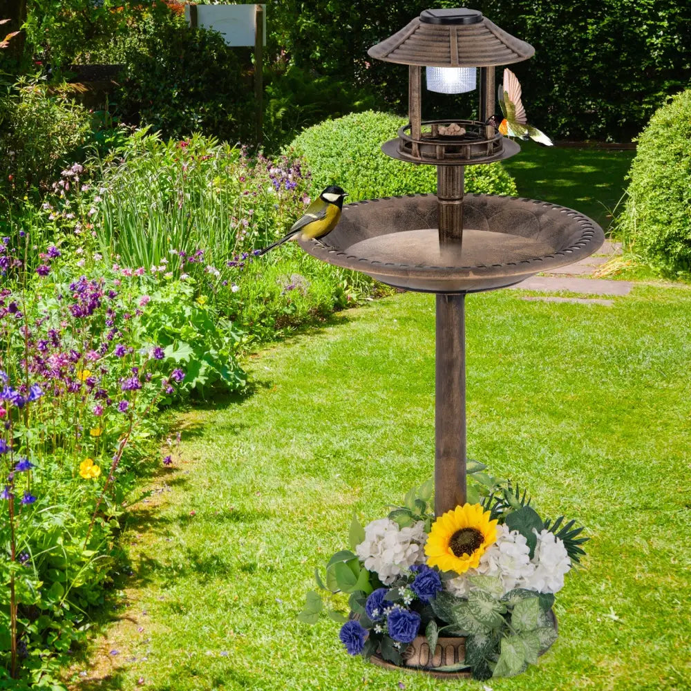Pedestal Bird Bath with Solar Light with Bird Feeder and Flower Planter-Bronze - Bronze - Bird Supplies