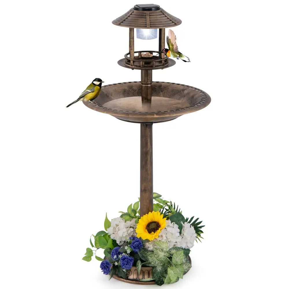 Pedestal Bird Bath with Solar Light with Bird Feeder and Flower Planter-Bronze - Bronze - Bird Supplies